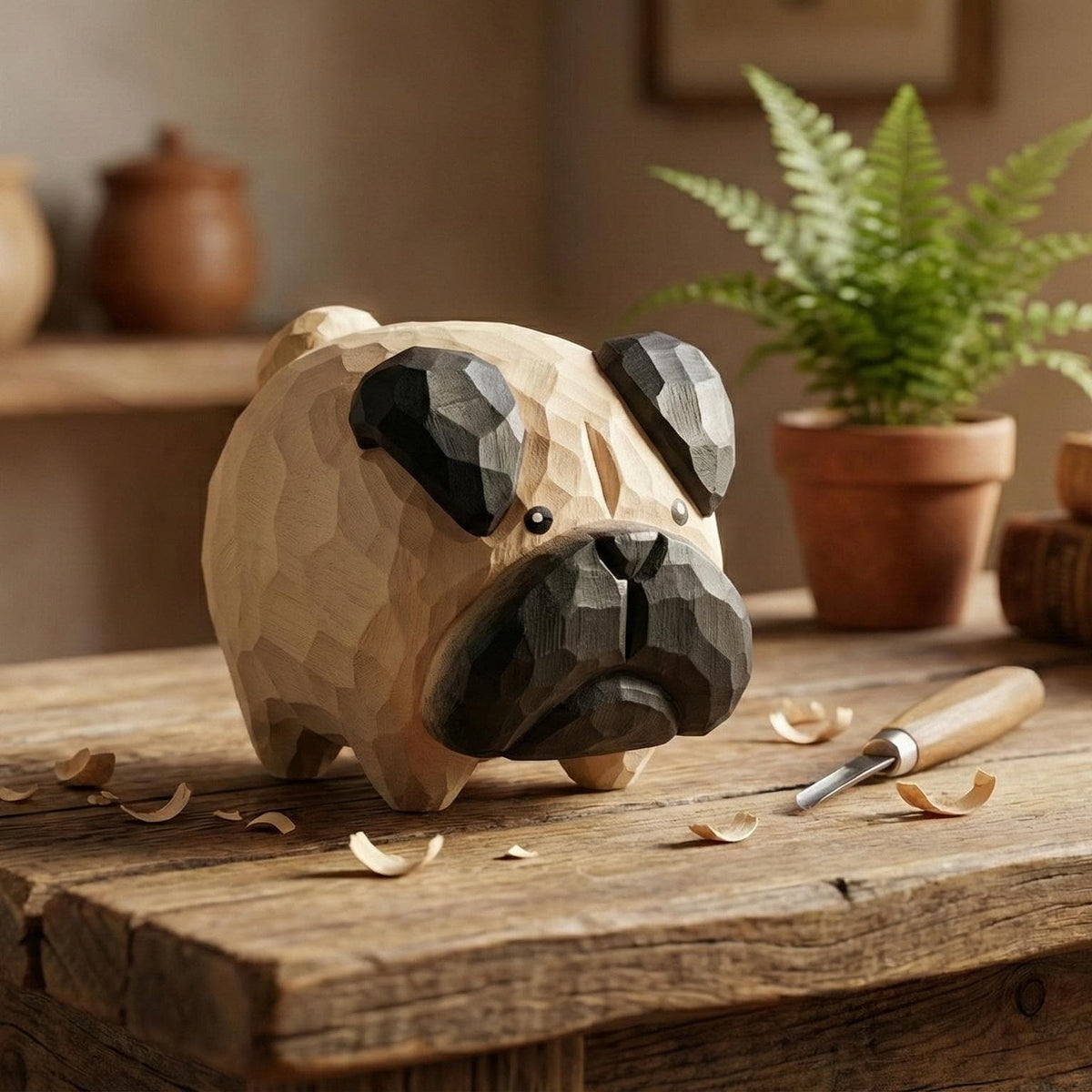 Hand-carved wooden French Bulldog figurine