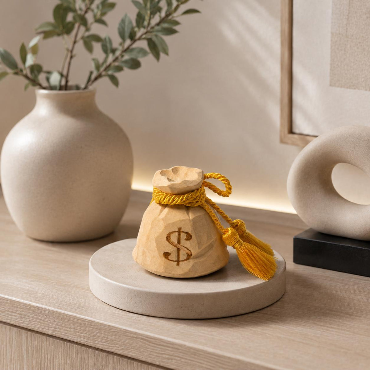 Hand Carved Wooden Money Bag, Dollar Sign Coin Purse Figurine, Gold Tassel Wealth Symbol, Rustic Farmhouse Desk Decor, Lucky Money Gift