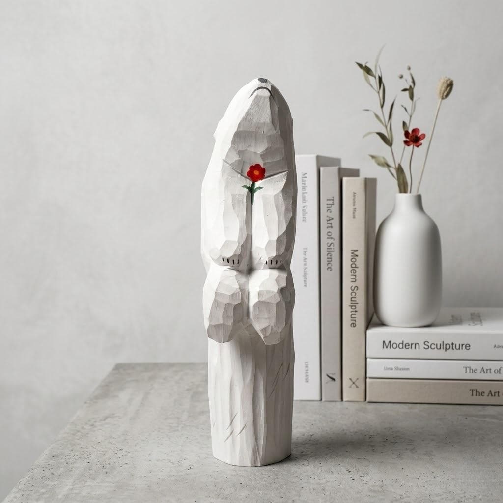 Whimsical Wooden Polar Bear Figurine Hand Carved Animal Statue With Red Flower Romantic Anniversary Gift For Nature Lovers