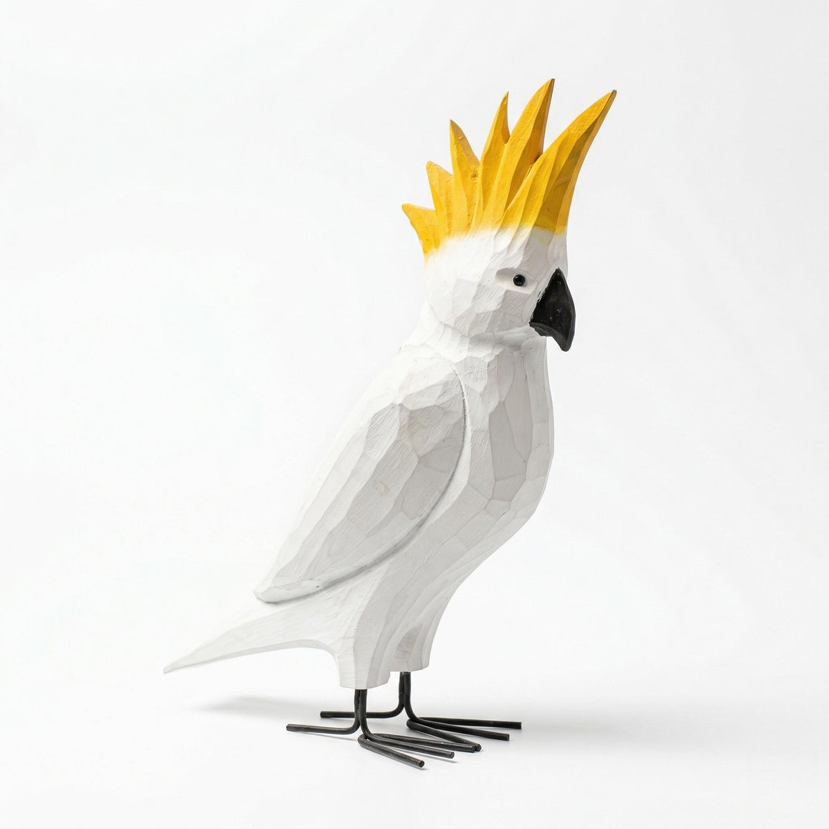 Whimsical Hand-Carved Wooden Cockatoo Figurine | Geometric Tropical Bird Sculpture | Modern Coastal Decor | Unique Gift for Bird Lovers