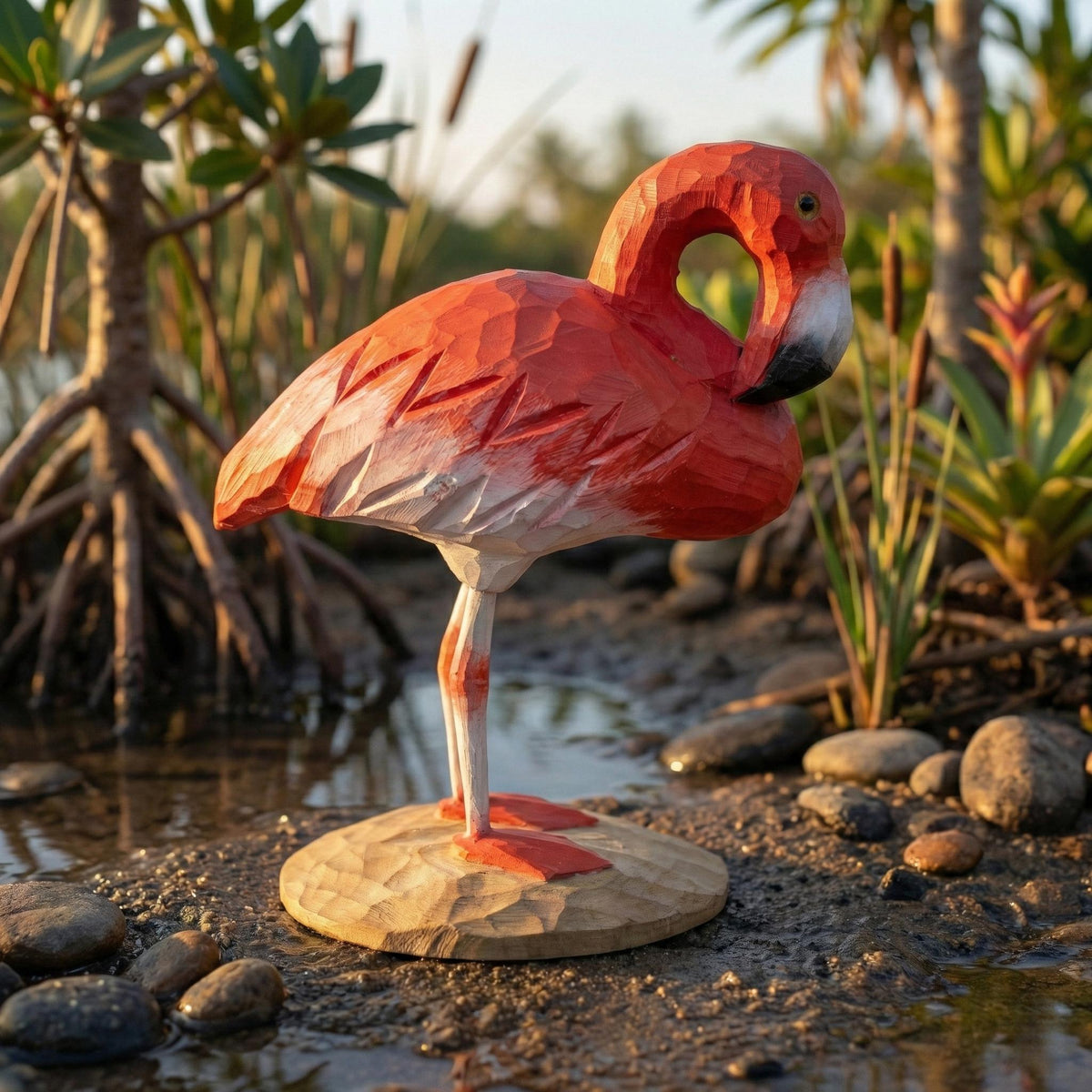 Wooden Flamingo Statue, Tropical Beach House Decor,  Gift for Bird Watchers, Rainforest Themed Decor