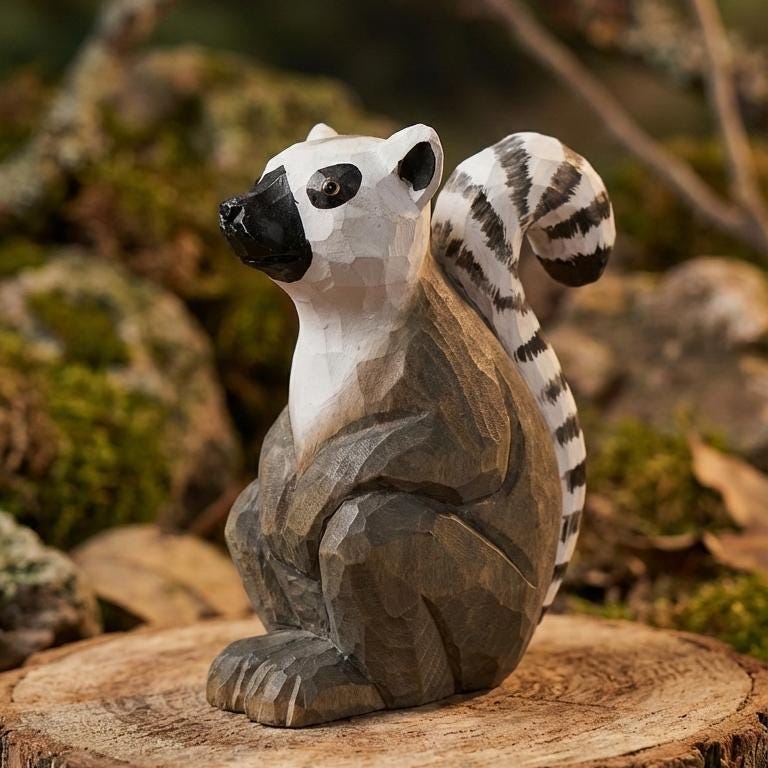 Whimsical Ring-Tailed Lemur Wood Carving | Handmade Wooden Animal Figurine | Safari Nursery Decor | Unique Wildlife Lover Gift