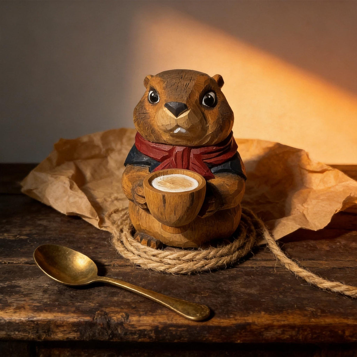 Whimsical Hand-Carved Wooden Groundhog Figurine, Cute Woodchuck Holding Bowl Decor, Cozy Woodland Animal Desk Pet, Nature Lover Gift