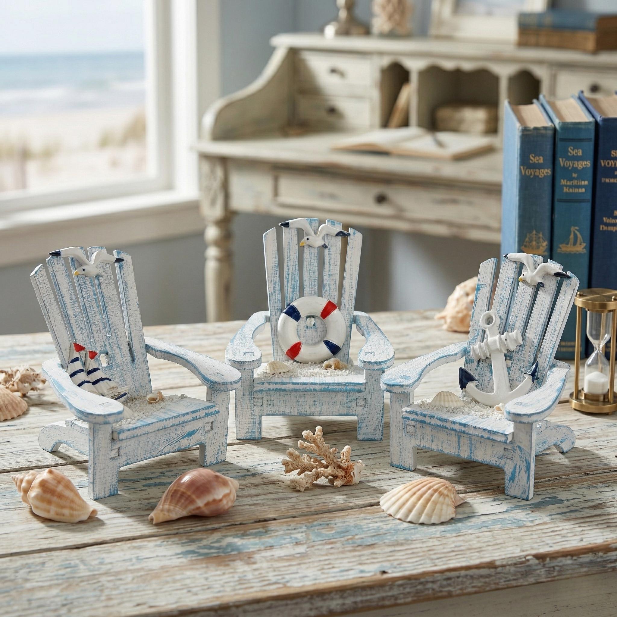 Coastal Blue Miniature Adirondack Chair Set of 3 Beach Theme Wooden Decor Nautical Shelf Sitter Summer Vacation Housewarming Gift