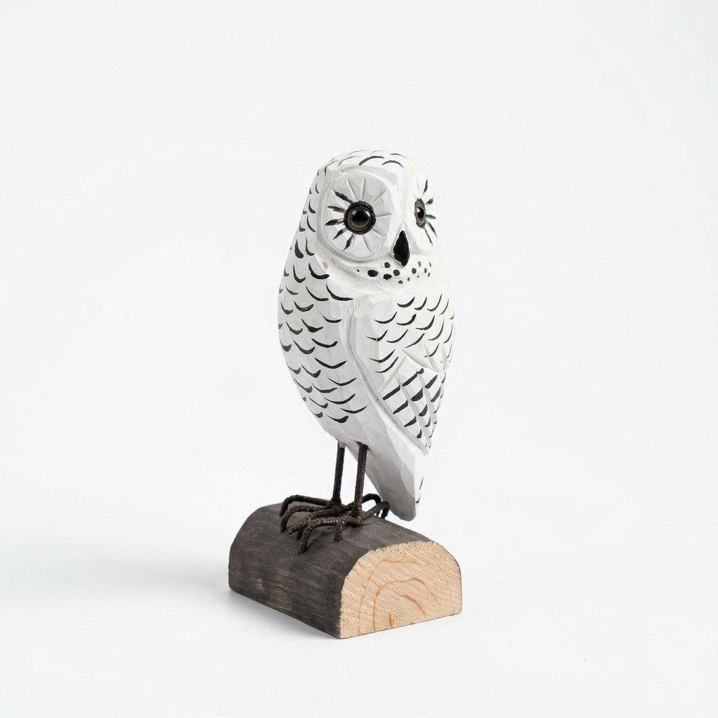 Hand Carved Wooden Snowy Owl Figurine, Rustic Woodland Bird Decor, Miniature Wood Animal Sculpture, Unique Gift for Bird Lovers Nature Fan