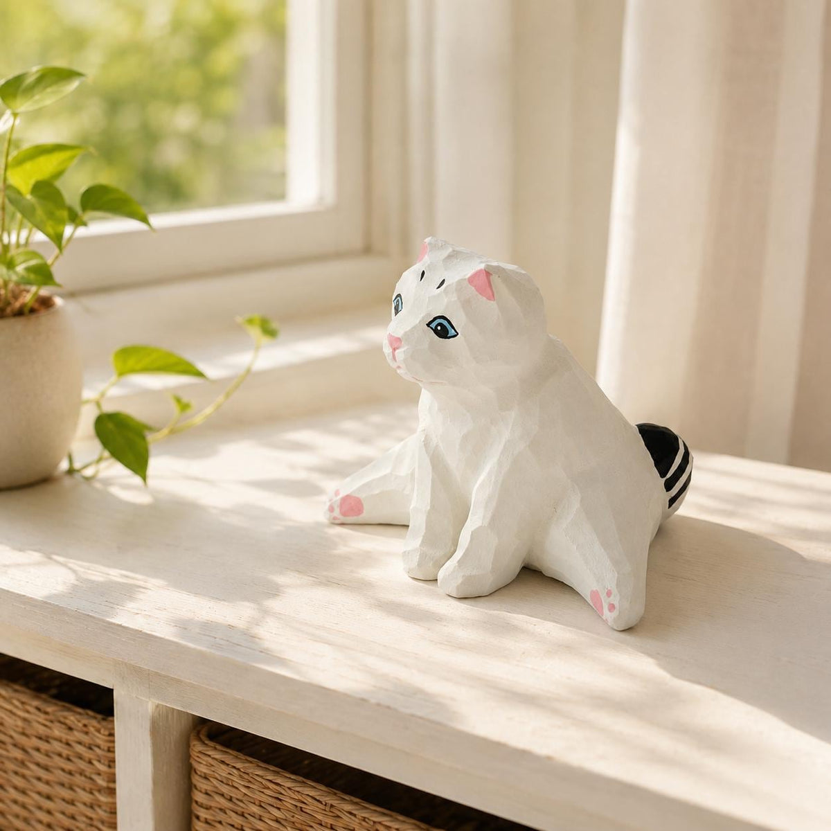 Whimsical White Cat Wood Carving Funny Sploot Kitty Figurine Cat Lover Gift