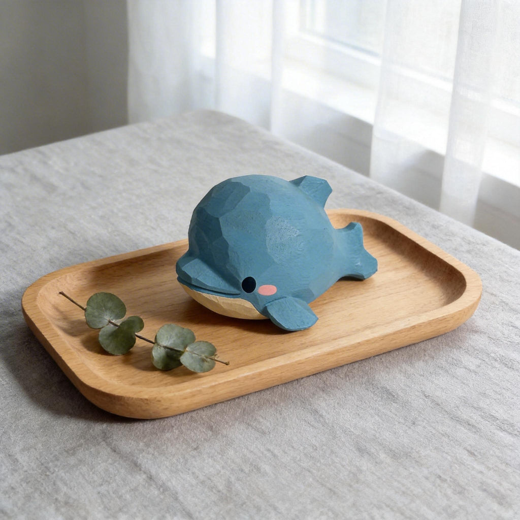 Hand Carved Wooden Dolphin Figurine | Kawaii Blue Ocean Animal Decor | Cute Marine Life Wood Carving | Beach Theme Desk Pet Lover Gift
