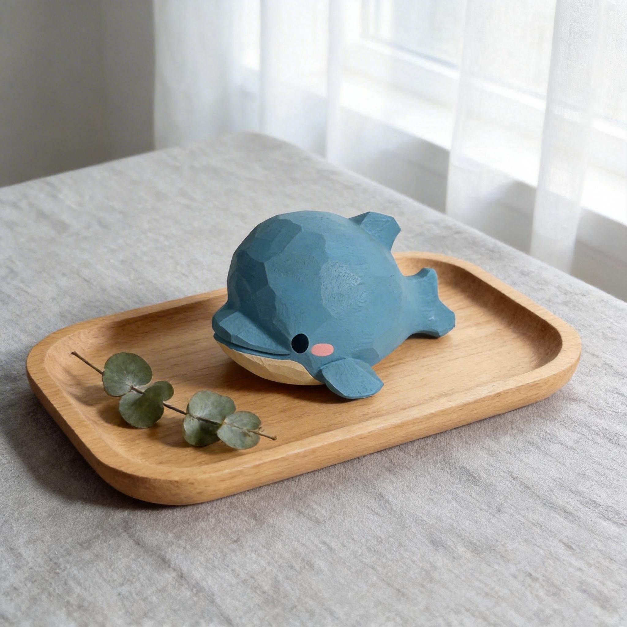 Hand Carved Wooden Dolphin Figurine | Kawaii Blue Ocean Animal Decor | Cute Marine Life Wood Carving | Beach Theme Desk Pet Lover Gift