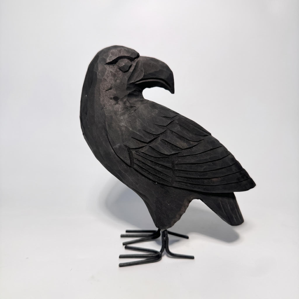 Hand Carved Black Raven Wooden Crow Figurine Rustic Bird Sculpture Gothic Home Decor Unique Wood Anniversary Gift for Nature Lover