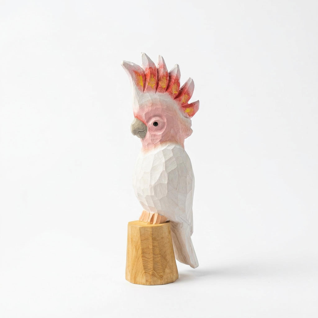 Hand-Carved Wooden Galah Cockatoo Figurine, Whimsical Pink Parrot Statue, Tropical Bird Lover Gift, Unique Nursery Decor