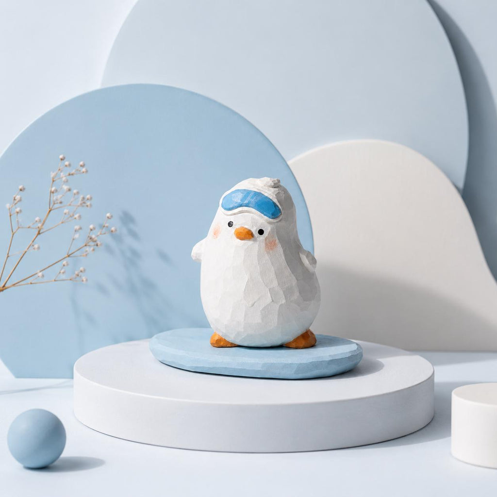 Whimsical Snowboarding Bird Wood Carving, Cute Winter Decor, Hand Carved Penguin Figurine, Ski Lover Gift