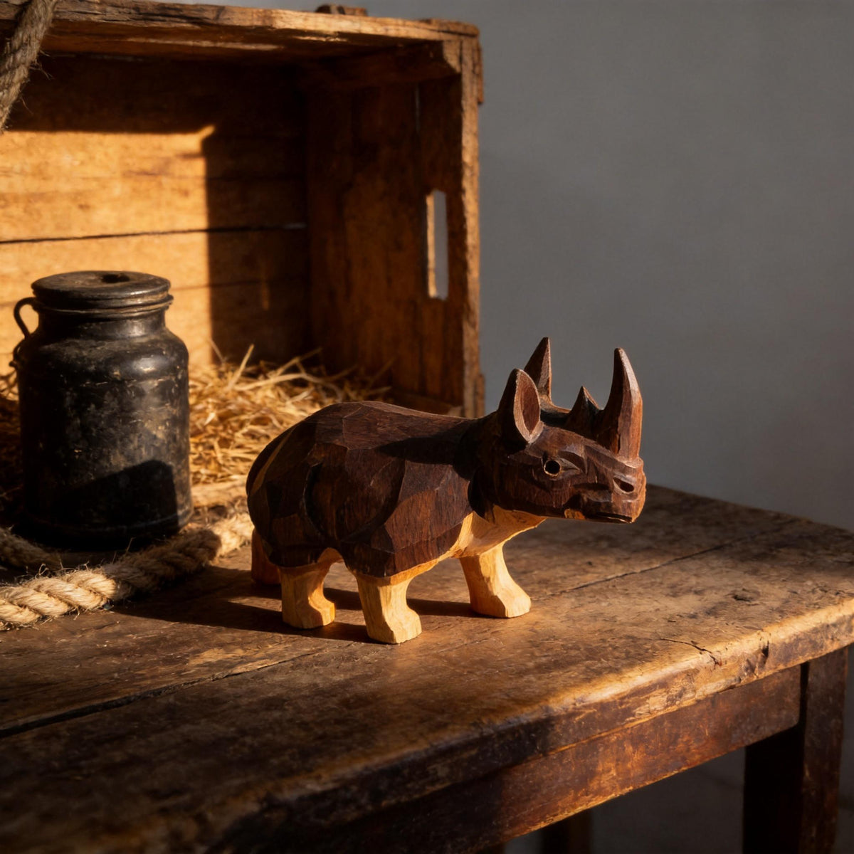 Rustic Hand Carved Wooden Rhino Figurine Geometric Wood Animal Sculpture Safari Decor Nursery Art Unique Gift for Animal Lover
