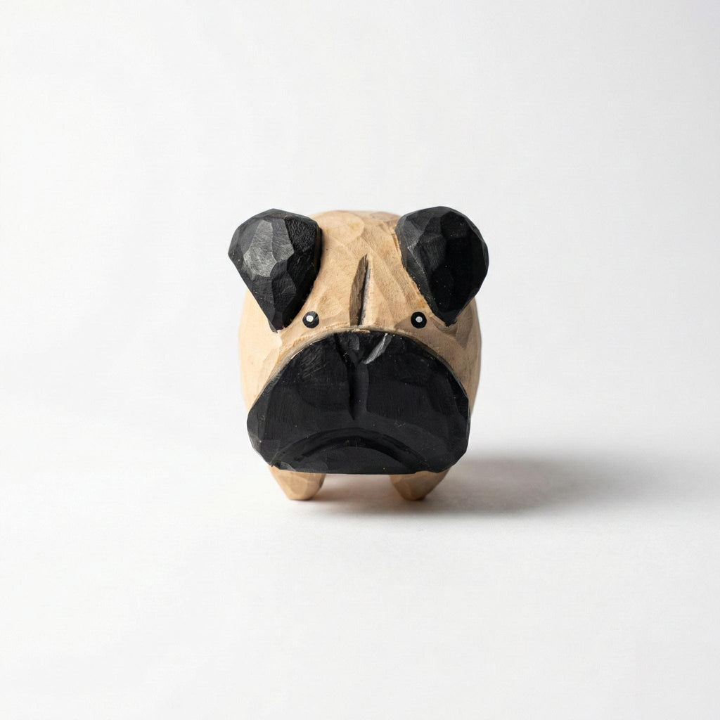Whimsical Hand Carved Wooden Pug Figurine, Chubby Fawn Pug Statue, Dog Lover Gift, Minimalist Pet Decor, Small Wood Animal Sculpture