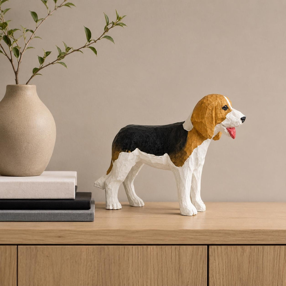 Hand-Carved Wooden Beagle Figurine | Tricolor Hound Dog Sculpture | Whimsical Pet Desk Decor | Dog Mom Gift Idea