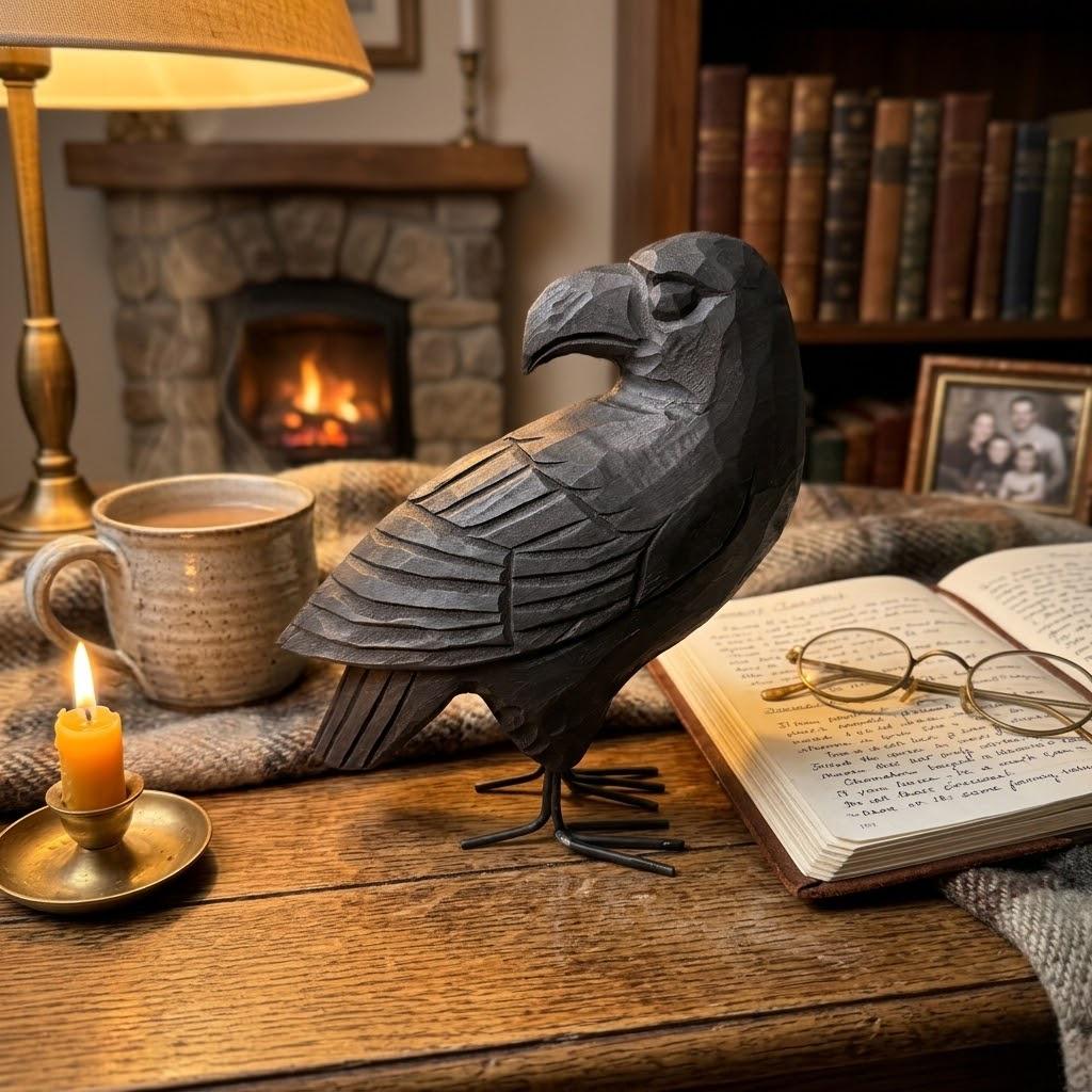 Hand Carved Black Raven Wooden Crow Figurine Rustic Bird Sculpture Gothic Home Decor Unique Wood Anniversary Gift for Nature Lover