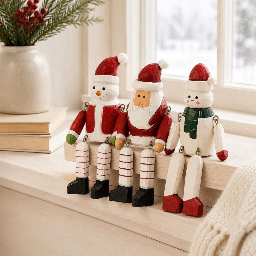 Whimsical Wooden Christmas Shelf Sitter Santa Snowman Figurine Hand Carved Winter Decor Secret Santa Gift
