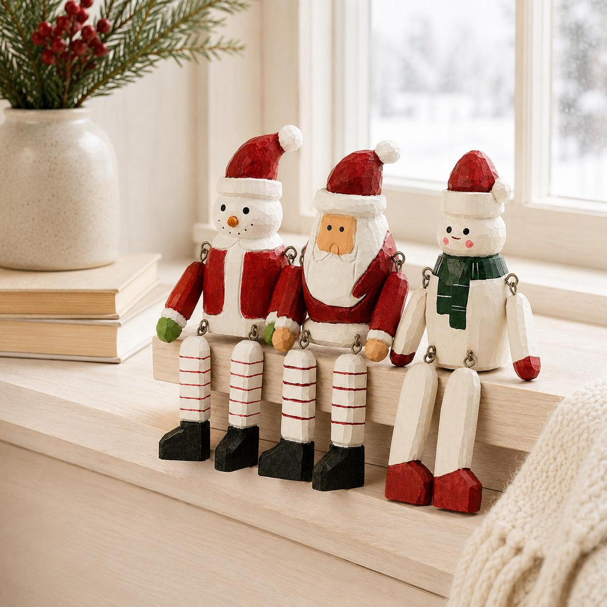 Whimsical Wooden Christmas Shelf Sitter Santa Snowman Figurine Hand Carved Winter Decor Secret Santa Gift