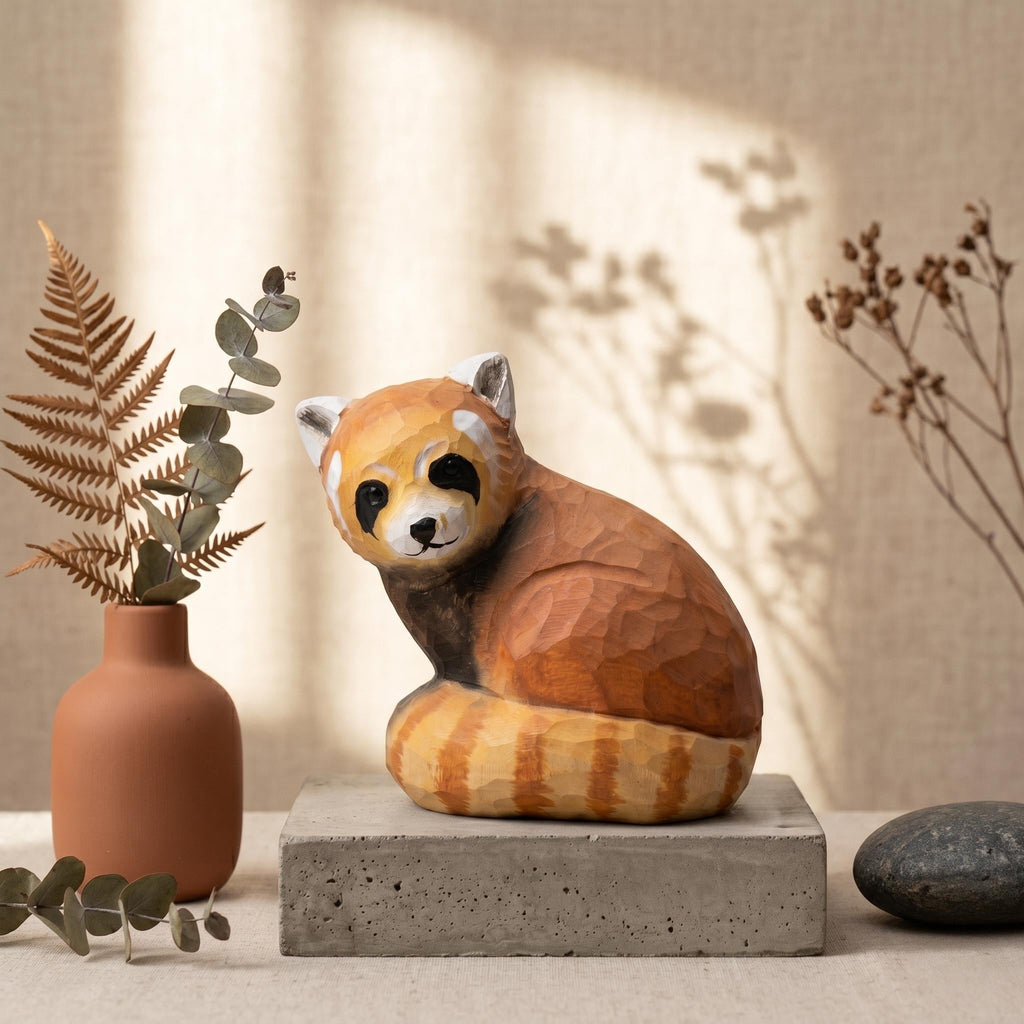 Whimsical Hand Carved Wooden Red Panda Figurine, Rustic Woodland Animal Decor, Cute Red Panda Lover Gift, Unique Wood Art Shelf Sitter