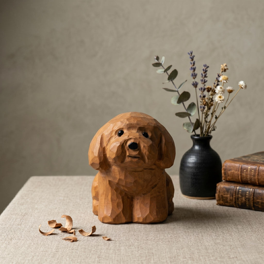 Sweet Hand Carved Wooden Poodle Figurine Rustic Sitting Dog Desk Decor Miniature Doodle Statue Unique Pet Lover Gift Dog Memorial