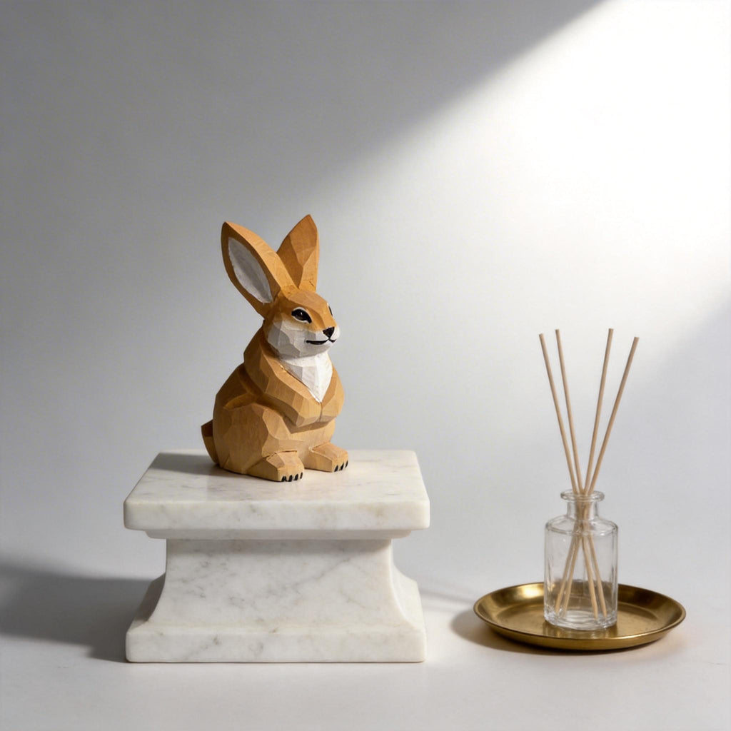Hand Carved Wooden Bunny Figurine, Geometric Woodland Animal Statue, Minimalist Decor