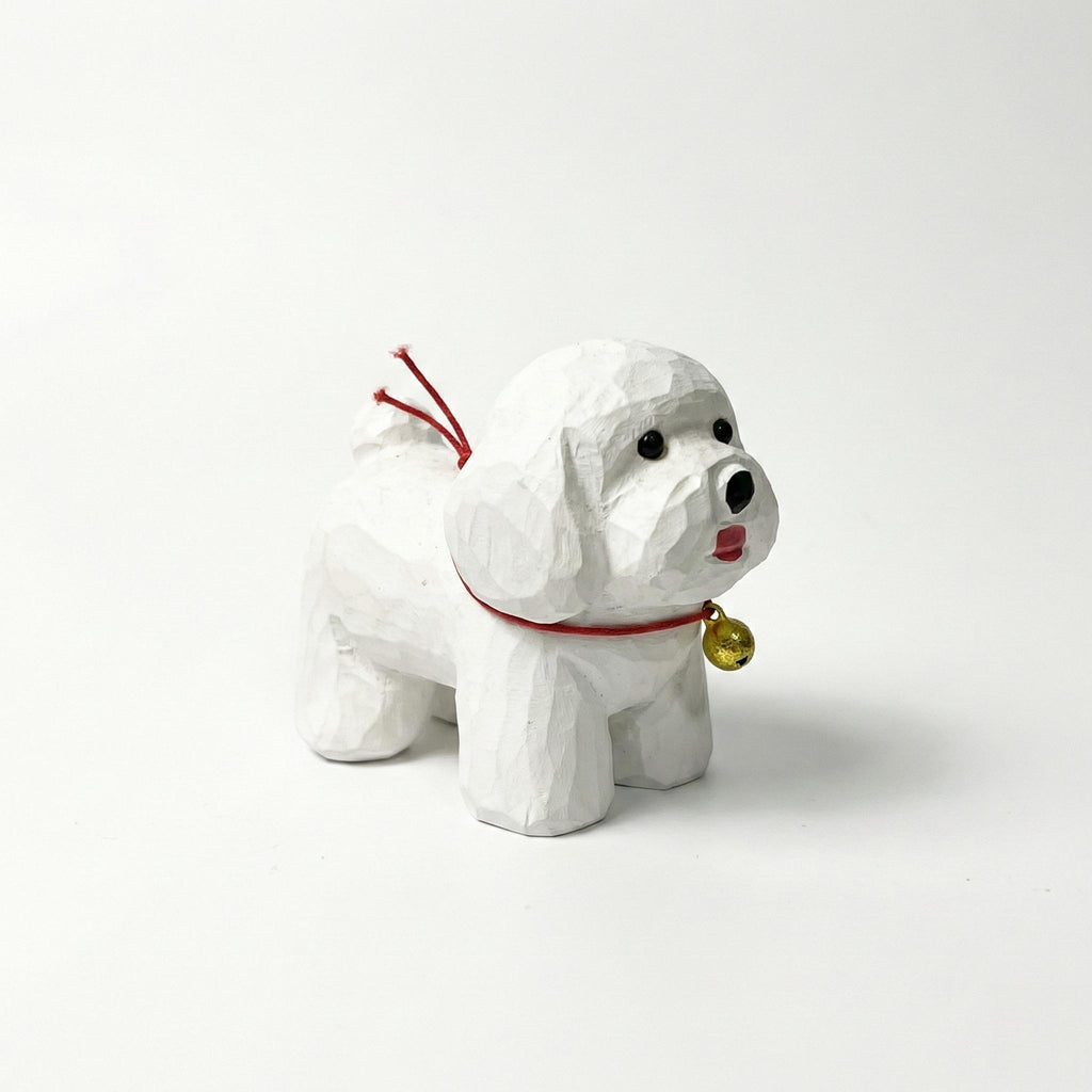 Hand Carved White Bichon Frise Wood Figurine, Cute Poodle Dog Statue with Gold Bell, Rustic Wooden Puppy Decor, Pet Lover Gift