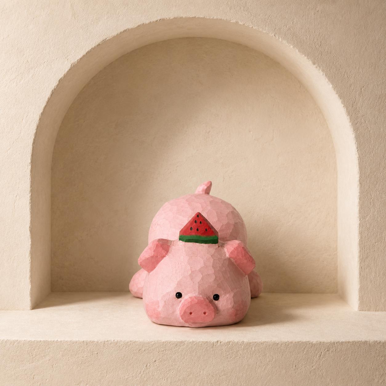 Adorable Wooden Pig Figurine with Watermelon, Hand Carved Animal Decor, Cute Desk Accessory, Unique Gift for Pig Lovers