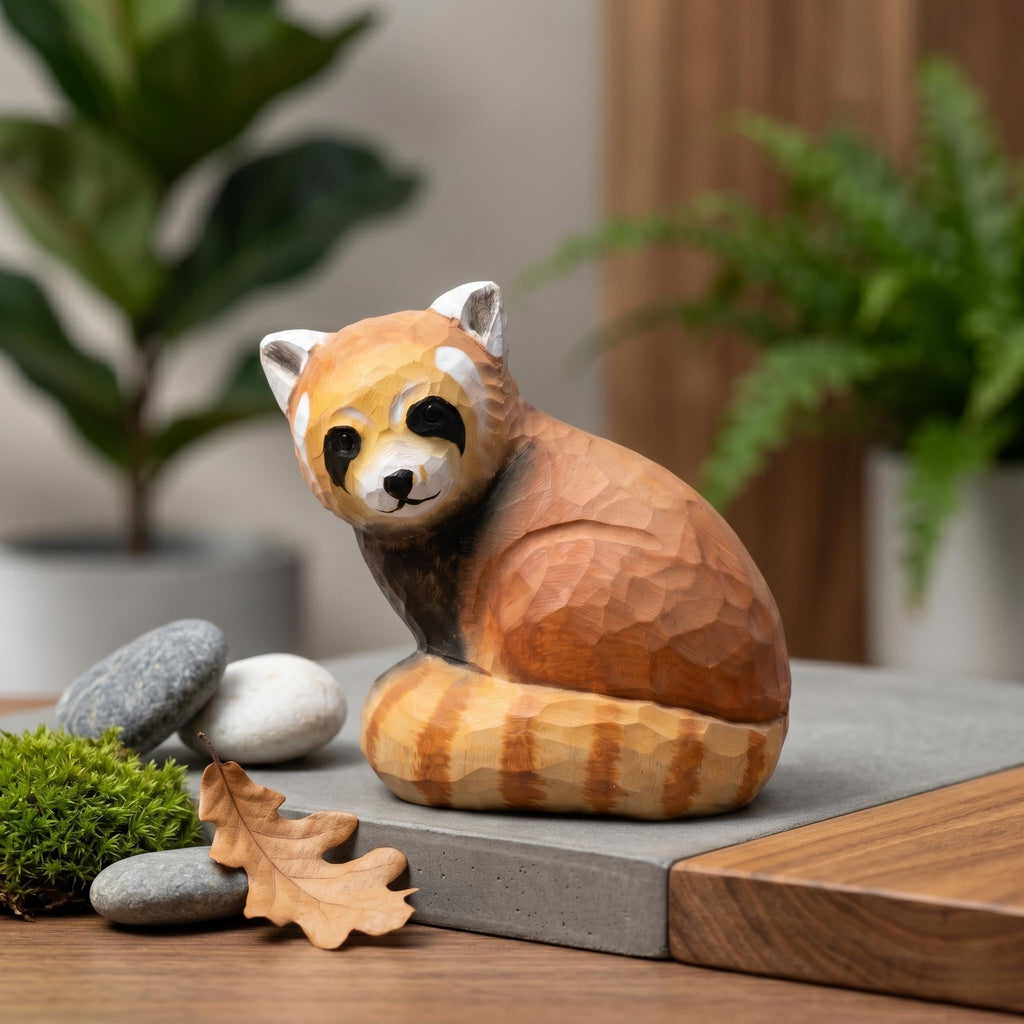 Whimsical Hand Carved Wooden Red Panda Figurine, Rustic Woodland Animal Decor, Cute Red Panda Lover Gift, Unique Wood Art Shelf Sitter