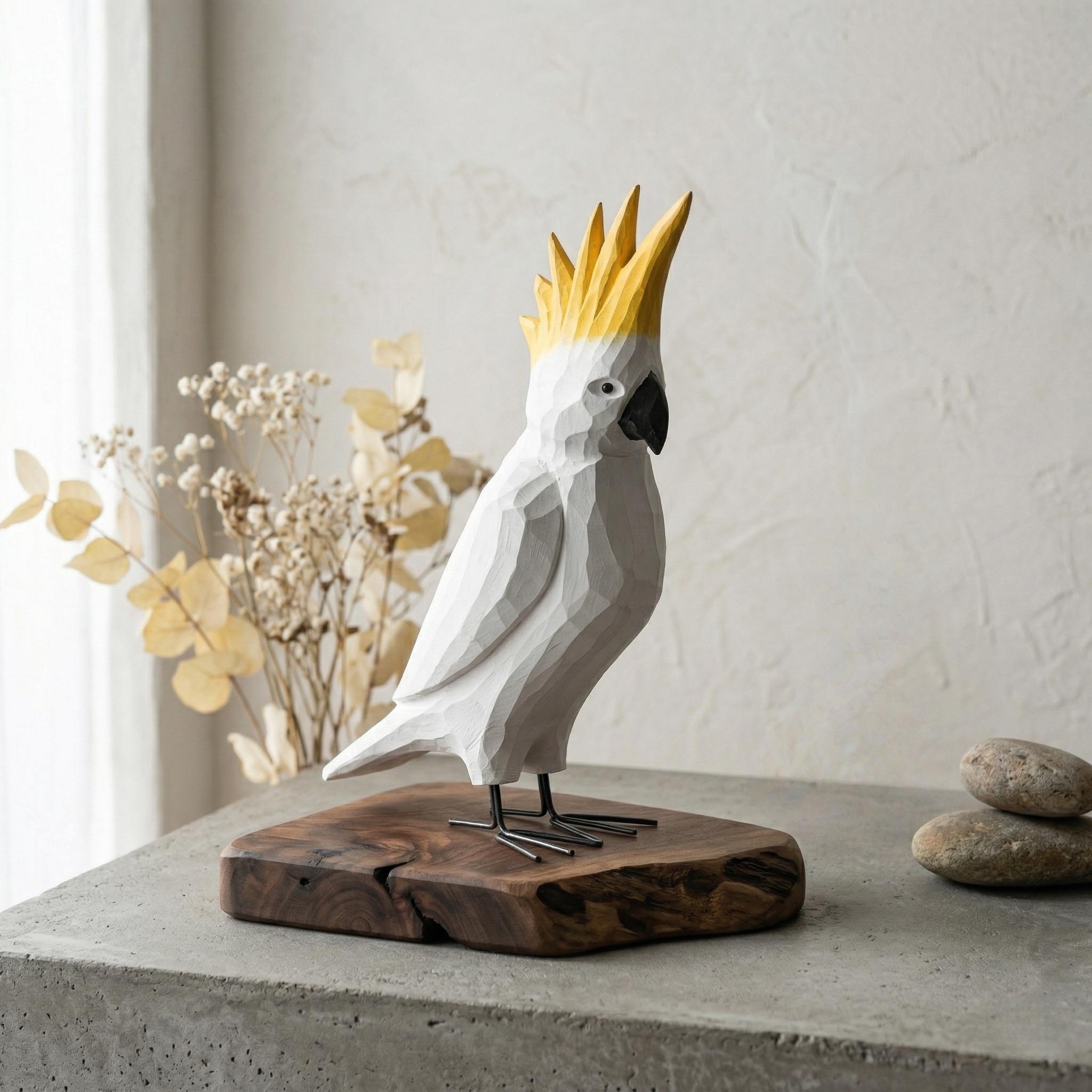 Whimsical Hand-Carved Wooden Cockatoo Figurine | Geometric Tropical Bird Sculpture | Modern Coastal Decor | Unique Gift for Bird Lovers