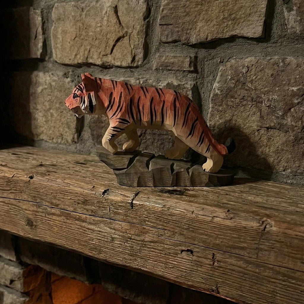 Hand Carved Wooden Tiger Figurine, Rustic Jungle Decor