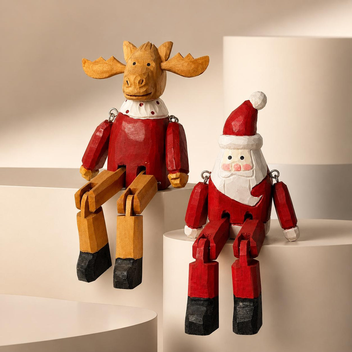 Charming Wooden Santa or Reindeer Shelf Sitter, Articulated Jointed Figure Christmas Decor, Rustic Holiday Gift for Home