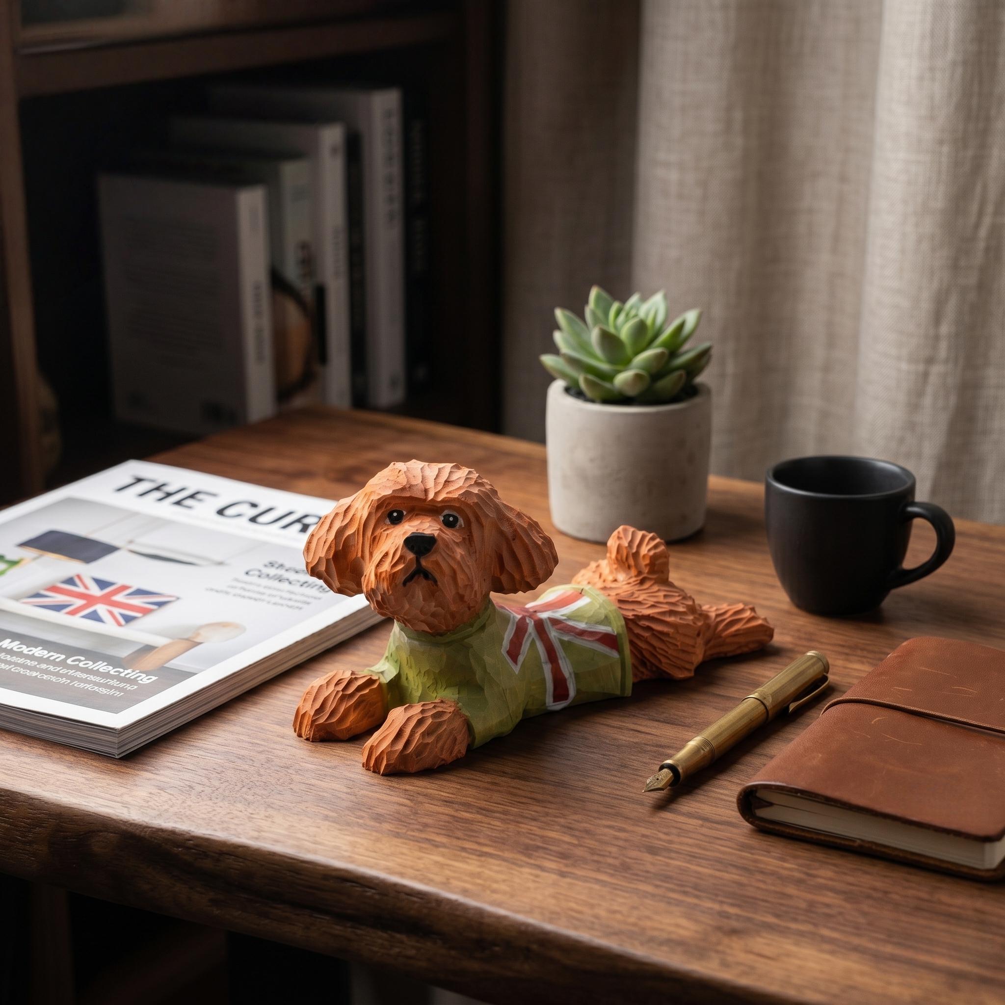 Hand Carved Wooden Poodle Figurine, Whimsical Dog in Green Sweater, Rustic Pet Memorial Art, Unique Gift for Dog Lovers & Pet Moms