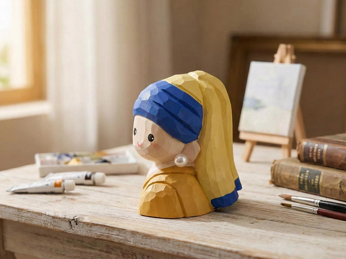 Handmade Wooden Girl with a Pearl Earring Figurine, Dutch Painting Inspired Wood Sculpture, Art Decor