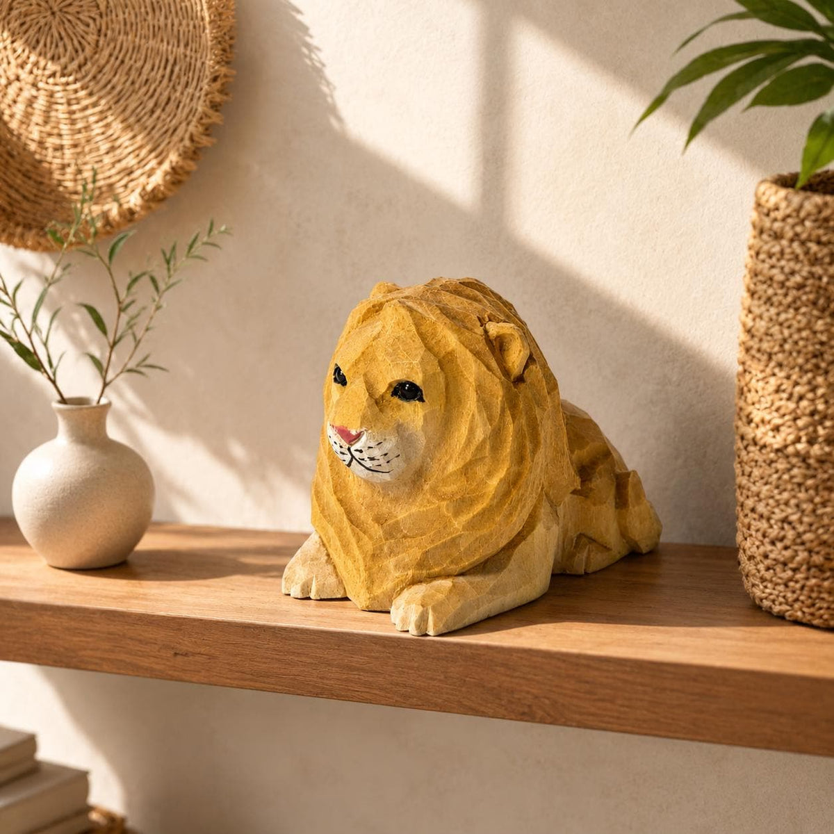Gentle Wooden Lion Carving, Handmade Safari Animal Figurine, Geometric Wood Art, Unique Nursery Decor, Thoughtful Gift for Lion Lover