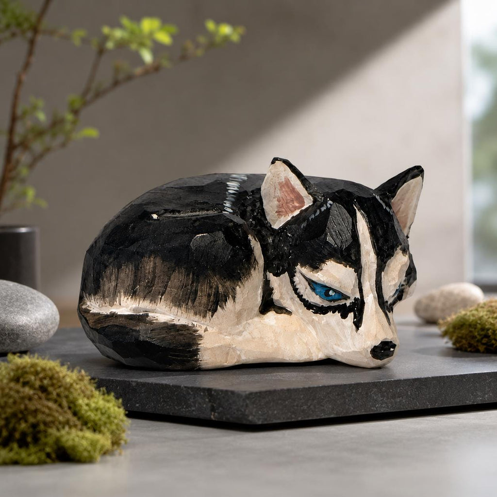 Geometric Husky Wood Figurine, Hand Carved Siberian Husky Dog Statue, Low Poly Animal Sculpture, Rustic Farmhouse Decor
