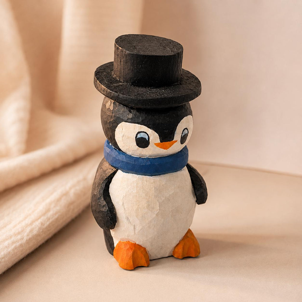 Whimsical Wooden Penguin Figurine, Hand Carved Bird, Top Hat Winter Decor, Rustic Wood Animal, Cute Christmas Gift