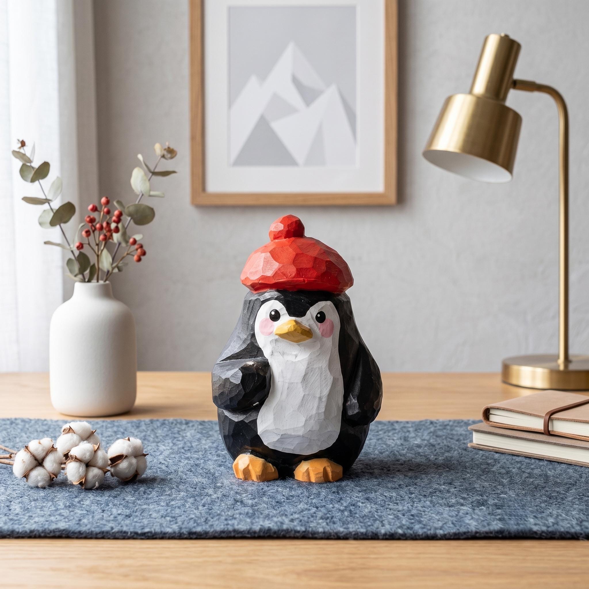 Whimsical Wooden Penguin Figurine in Red Beret, Hand Carved Bird Statue, Cute Desk Decor, Winter Animal Art, Unique Gift for Bird Lover