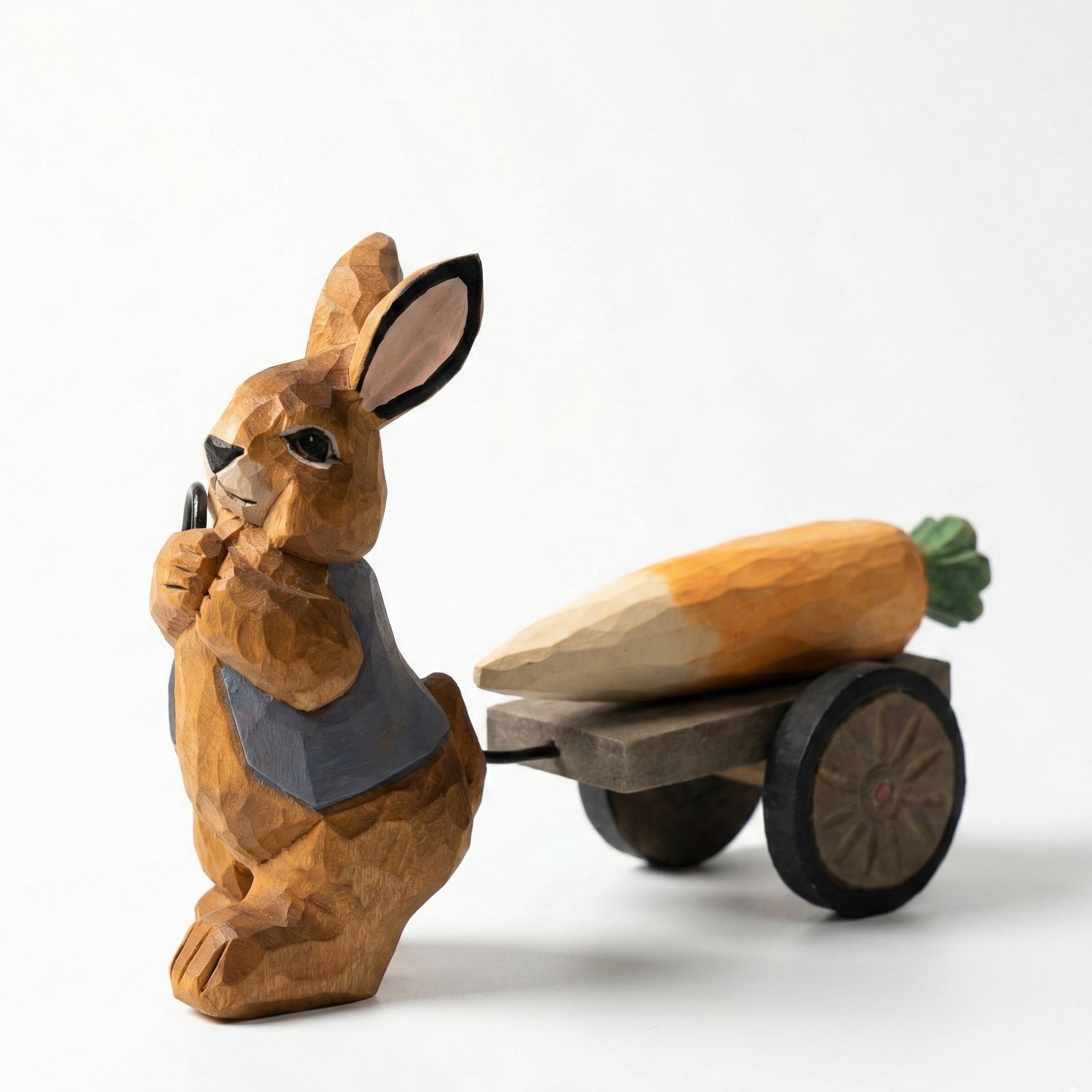 Handmade Wooden Rabbit Figurine, Bunny Pulling Wagon, Easter Decor, Gardener Gift, Spring Animal Art