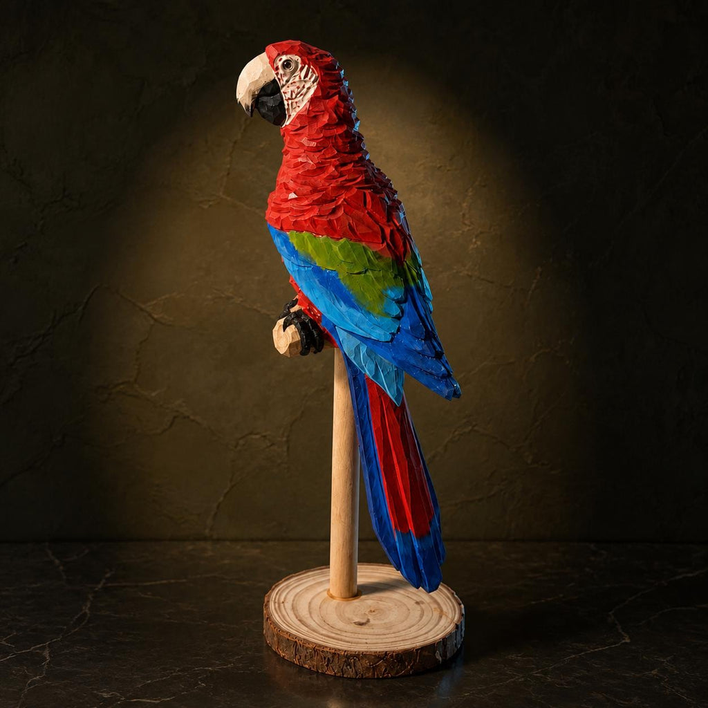 Vibrant Scarlet Macaw Wood Carving Tropical Bird Decor Wooden Parrot Figurine Unique Gift for Bird Lover