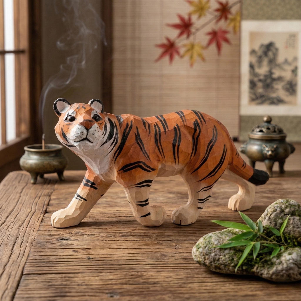 Hand-Carved Wood Tiger Figurine, Artisan Animal Sculpture, Jungle Nursery Decor, Tiger Statue