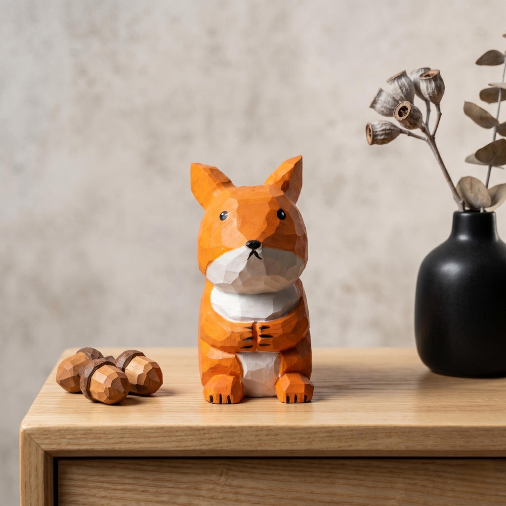 Whimsical Hand Carved Wooden Squirrel Figurine, Rustic Woodland Animal Decor, Cute Desk Accessory, Unique Gift for Nature Lovers
