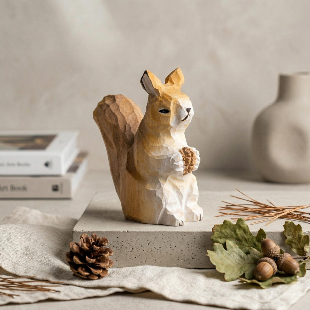 Whimsical Hand Carved Wooden Squirrel Figurine, Rustic Woodland Nursery Decor, Woodland Animal Statue, Unique Nature Lover Gift Idea