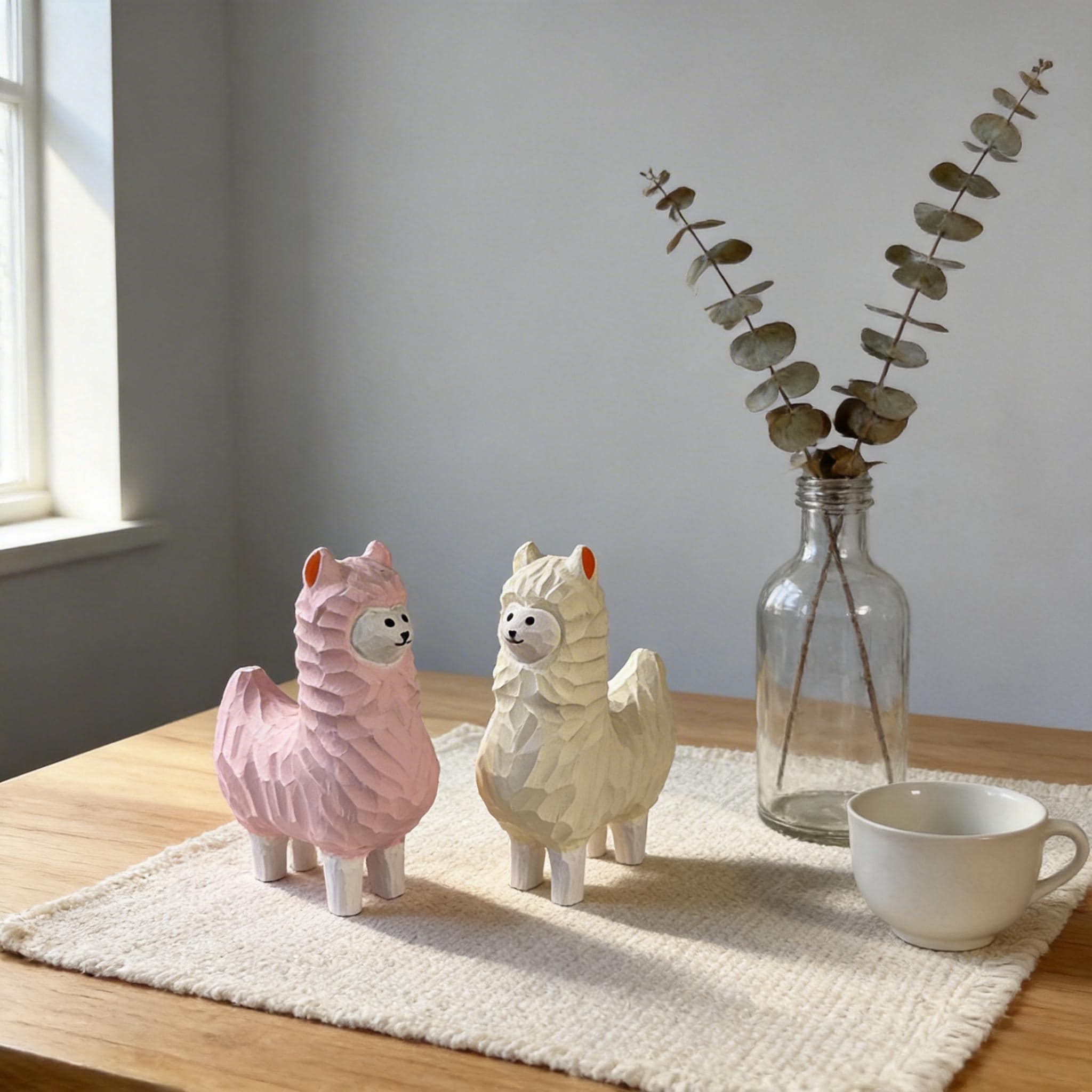 Whimsical Wooden Alpaca Couple Hand Carved Llama Figurines Pastel Nursery Decor Unique Animal Lover Gift Desk Pet Wood Anniversary Present