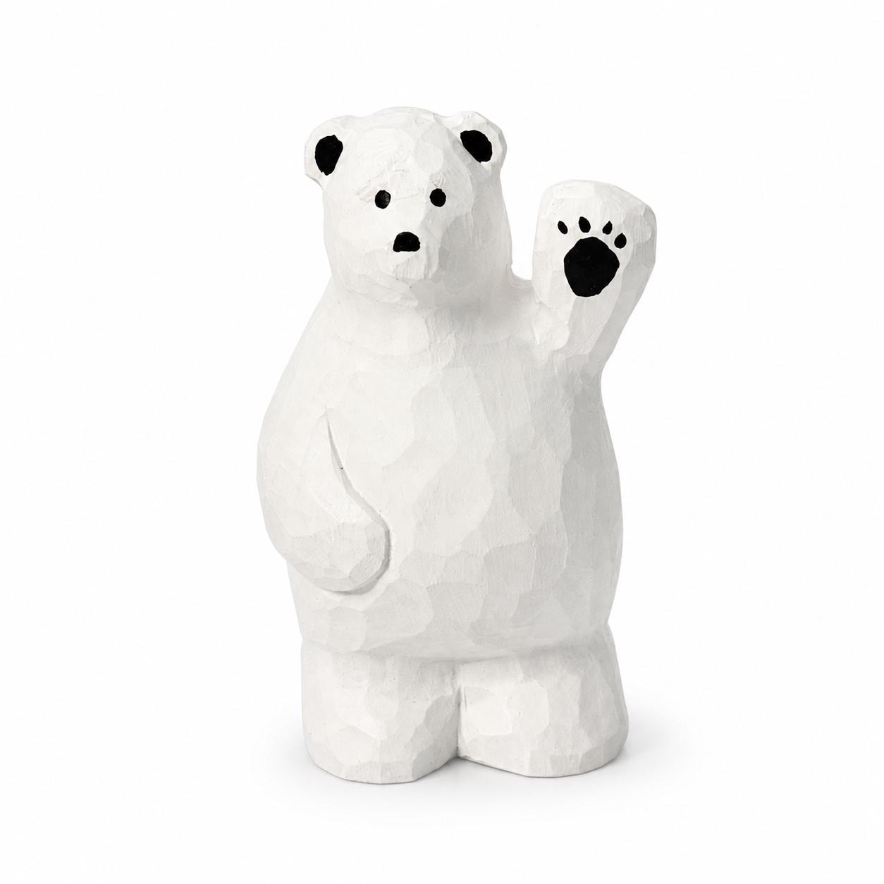 Friendly Waving Polar Bear Wood Carving, Handmade Arctic Animal Figurine, Whimsical Desk Pet, Winter Nursery Decor, Cute Wood Gift for Kids