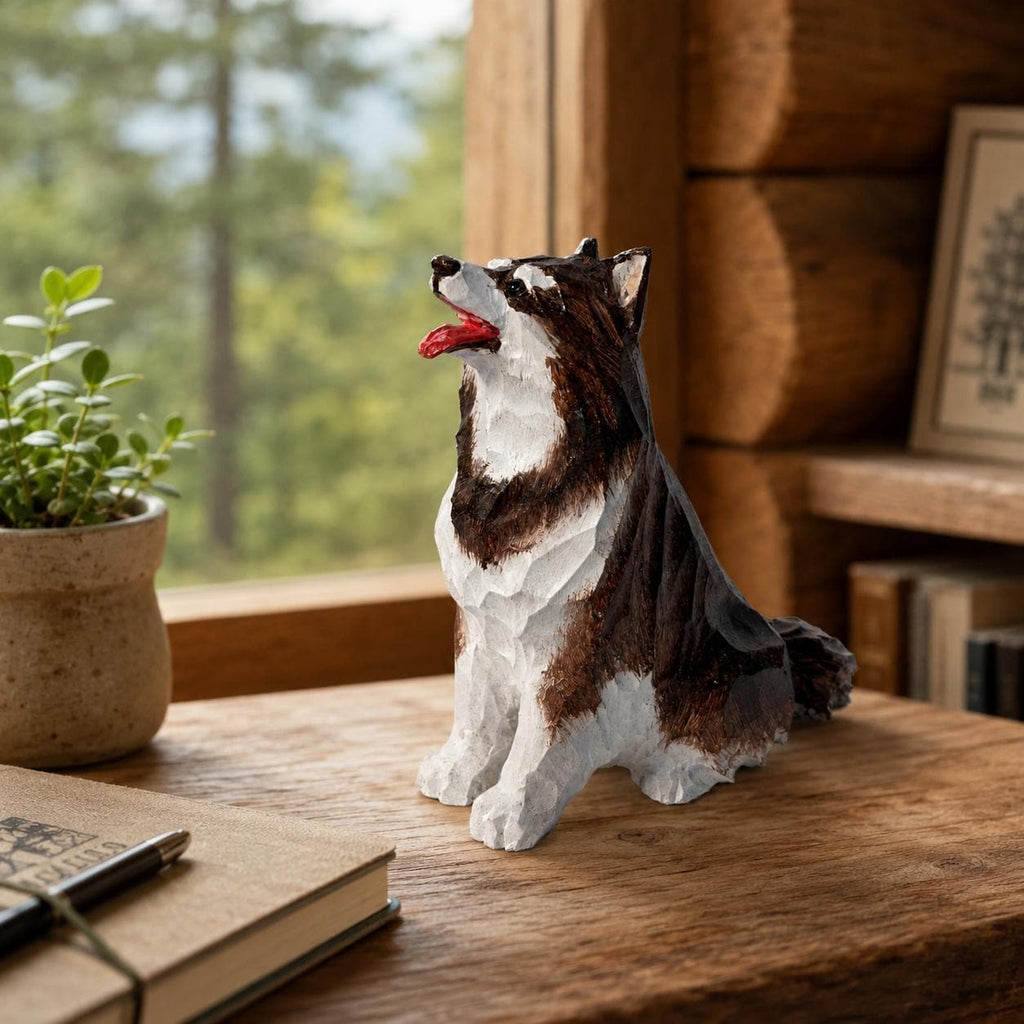Cheerful Wooden Husky Figurine Hand Carved Dog Statue Rustic Pet Memorial Desk Decor Dog Lover Gift