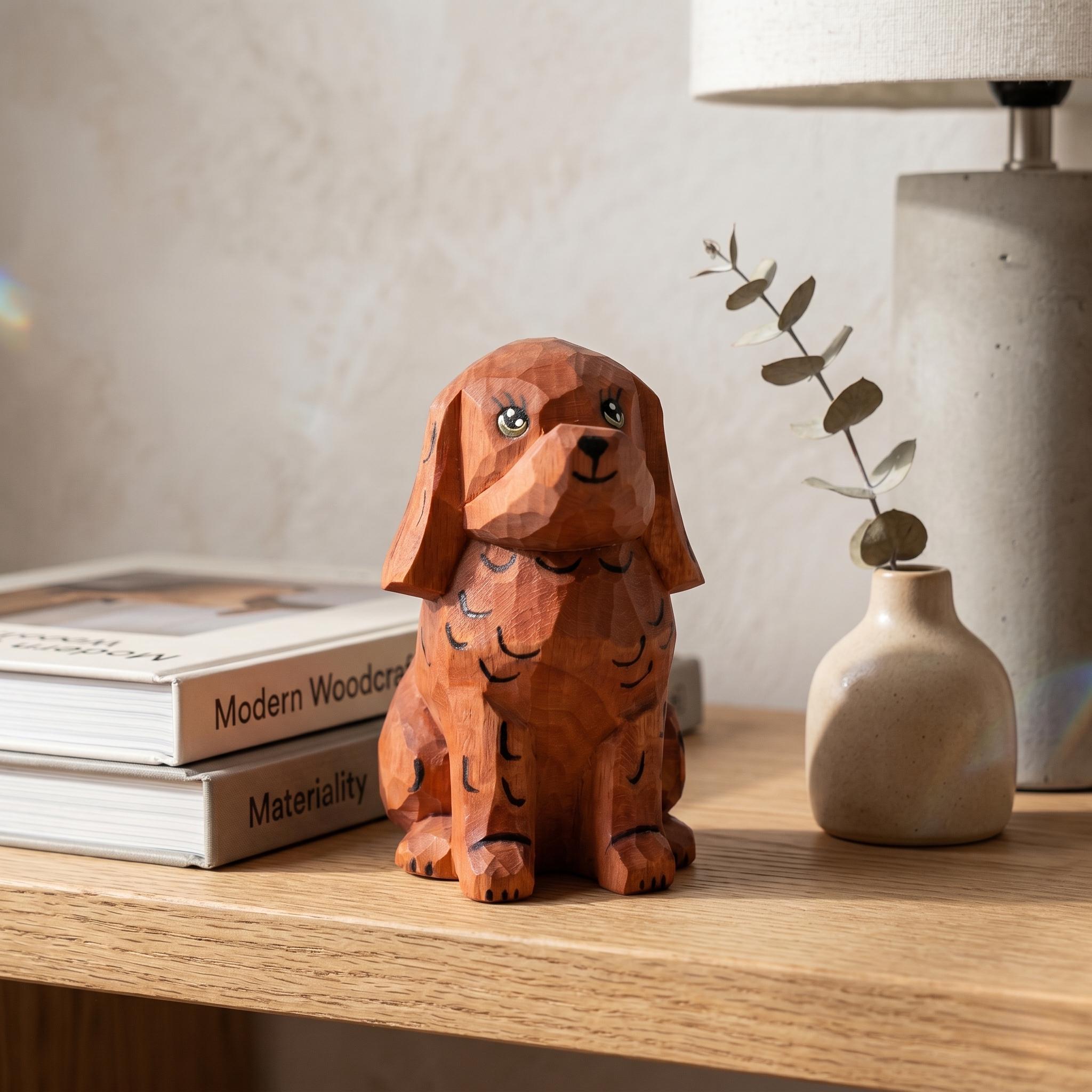Whimsical Wooden Puppy Figurine – Hand Carved Spaniel Dog Statue – Rustic Shelf Decor & Pet Lover Gift Idea