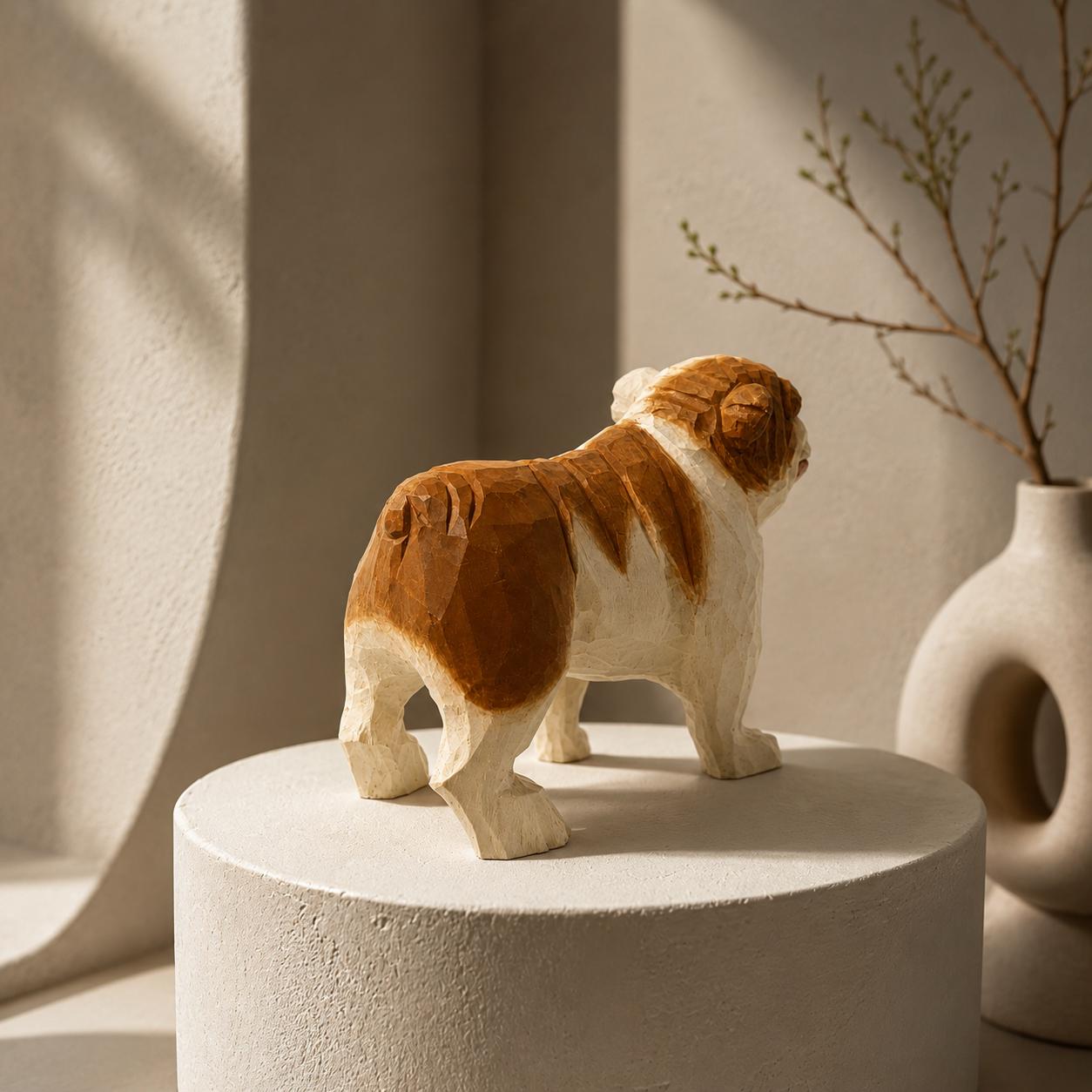 Hand-Carved Wooden Bulldog Figurine | Whimsical British Bulldog Sculpture | Chunky Desk Pet Decor | Dog Lover Gift Idea