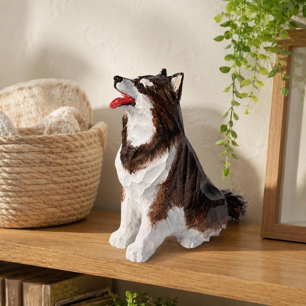 Cheerful Wooden Husky Figurine Hand Carved Dog Statue Rustic Pet Memorial Desk Decor Dog Lover Gift