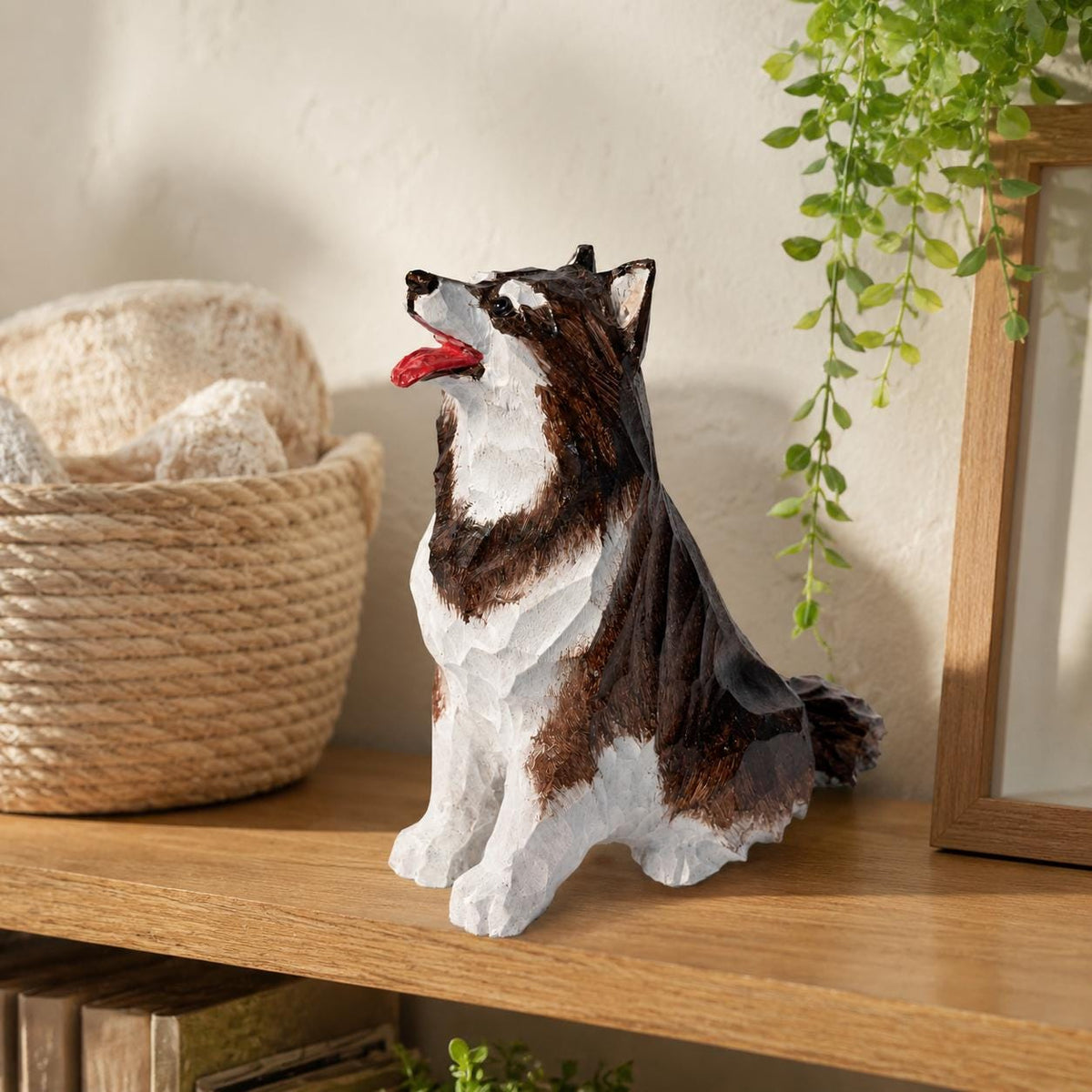 Cheerful Wooden Husky Figurine Hand Carved Dog Statue Rustic Pet Memorial Desk Decor Dog Lover Gift