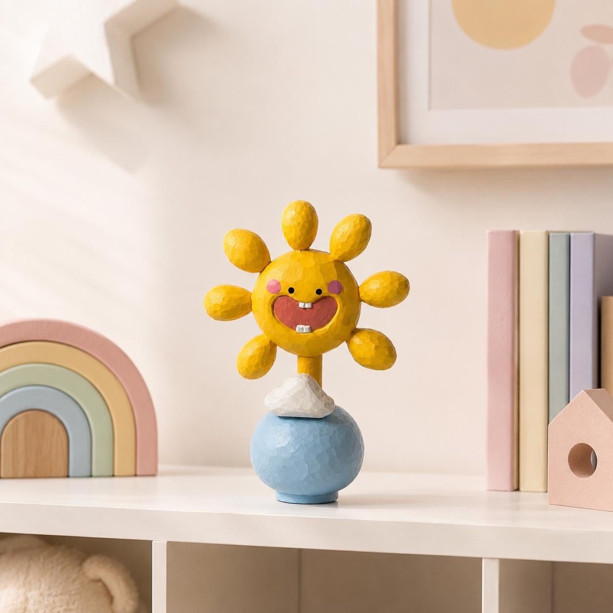 Hand Carved Wooden Sun Figurine, Smiley Sun on Blue Globe, Cheerful Yellow Sun Sculpture, Fun Kids Room Decor, Unique Sunshine Gift