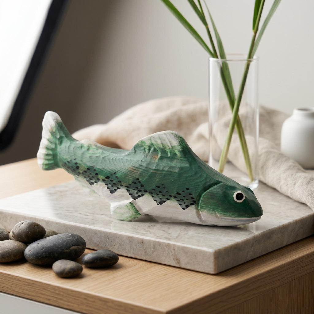 Rustic Hand Carved Wooden Trout Figurine, Green Fish Decor, River Cabin Art, Fly Fishing Gift for Him, Nature Lover Desktop Ornament
